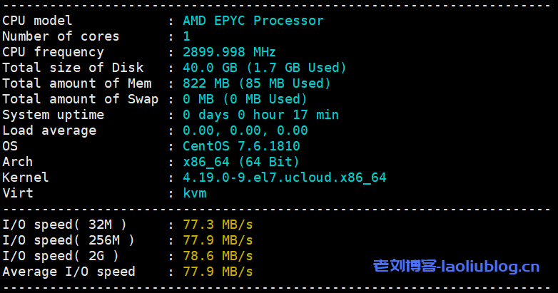 主机测评：UCloud洛杉矶AMD快杰型O云服务器最低配置（1核1G内存1M带宽40G系统盘）