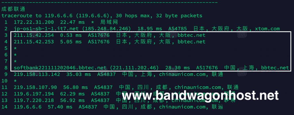 搬瓦工日本软银JPOS_1机房VPS路由跟踪没有59.43节点，即非CN2 GIA 线路，是软银线路