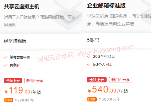 阿里云域名,云虚拟主机,企业邮箱价格表（最新版收费标准）
