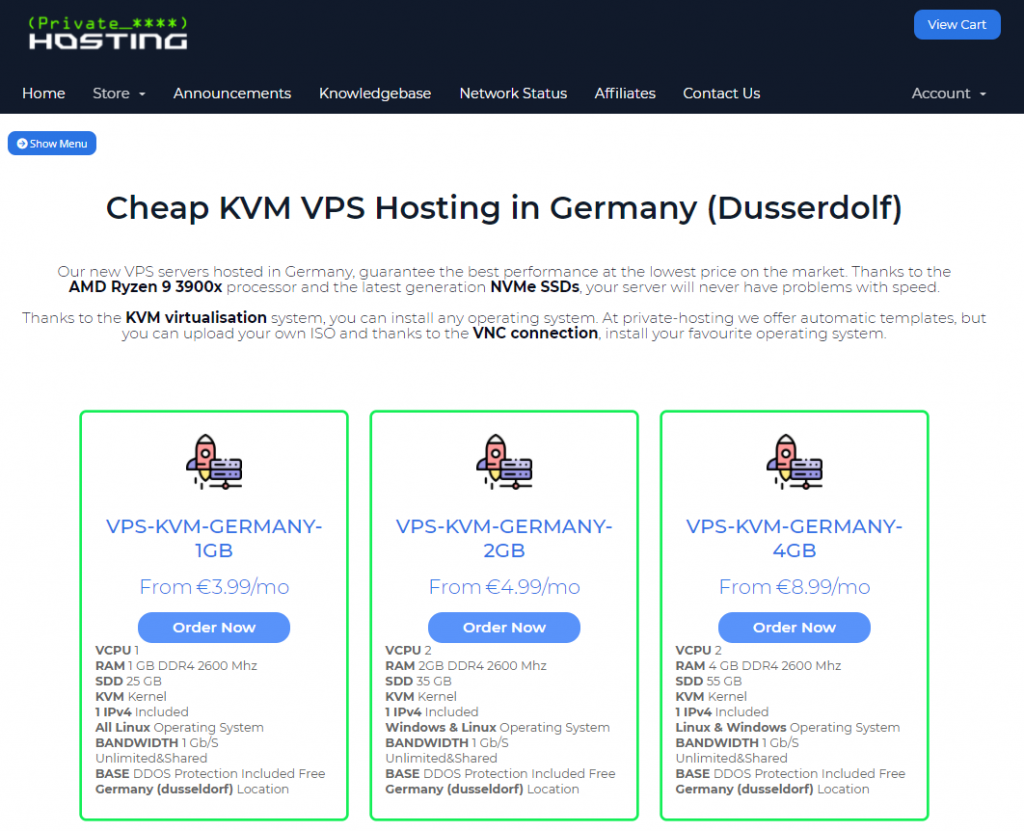 Private-Hosting德国VPS：€3.99/月/1核@AMD Ryzen 9 3900x/1GB内存/25GB NVMe空间/不限流量@1Gbps端口/KVM