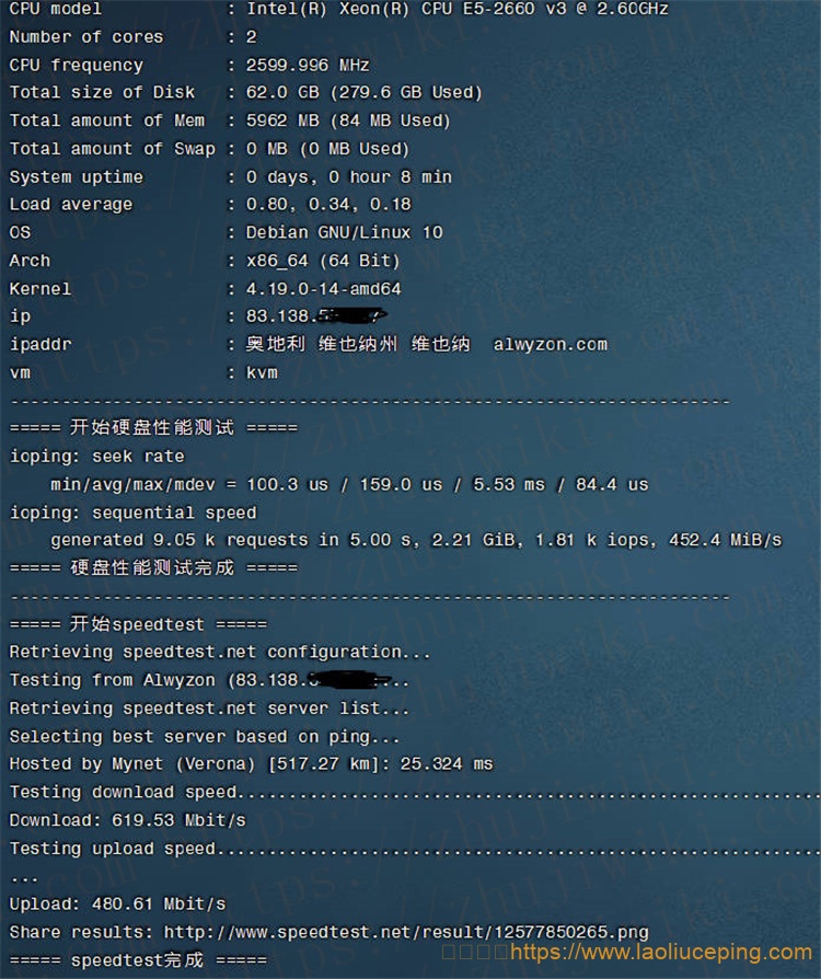 Alwyzon维也纳KVM VPS测评，2核6GB内存60 GB SSD Storage (RAID 10)/5TB月流量@1000Mbps端口